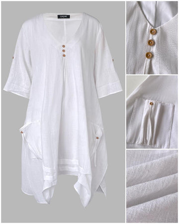 V Neck Short Sleeve Asymmetrical Button Dress with Pocket